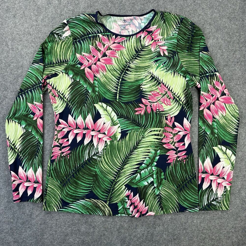 Lands End Womens Top Sz M/Tall 10-12 Green Pink Palm Print Long Sleeve